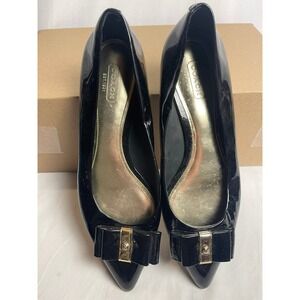 Coach Black Patent Leather Pointed Toe Bow Flats Gold Hardware Womens 7.5 B